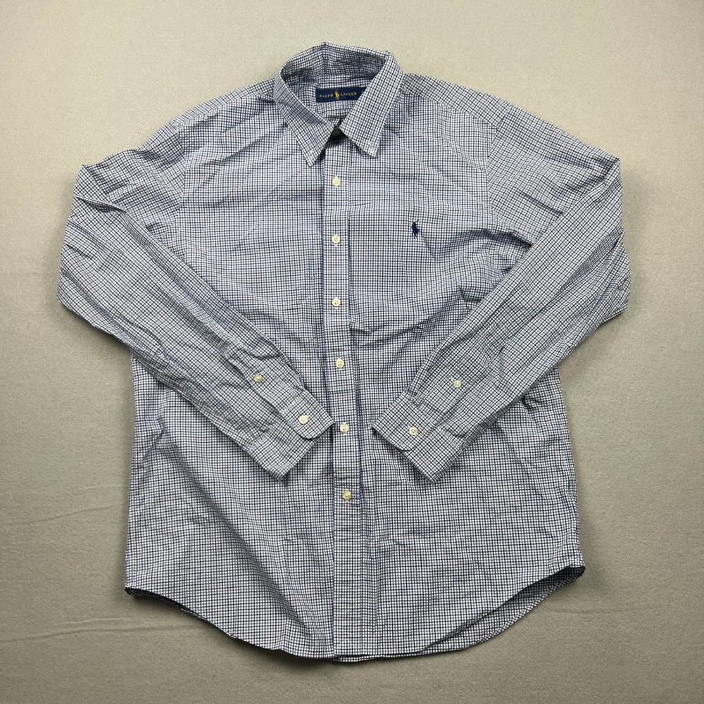 Ralph Lauren Mens Large Blue White Gingham Plaid Button Down Long Sleeve Shirt
